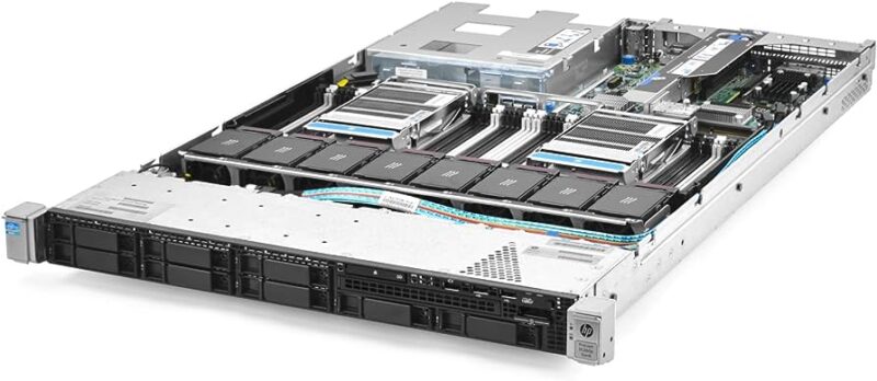 نمای کج از سرور HPE DL360 G8 با نمایش کامل داخل و بیرون و اسلات‌های ذخیره‌سازی