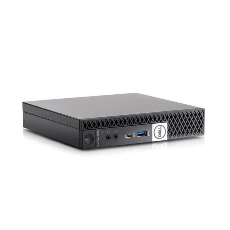 مینی کامپیوتر Dell 7070 Tiny PC با نمای جلویی زاویه‌دار برای نمایش طراحی فشرده و زیبای دستگاه